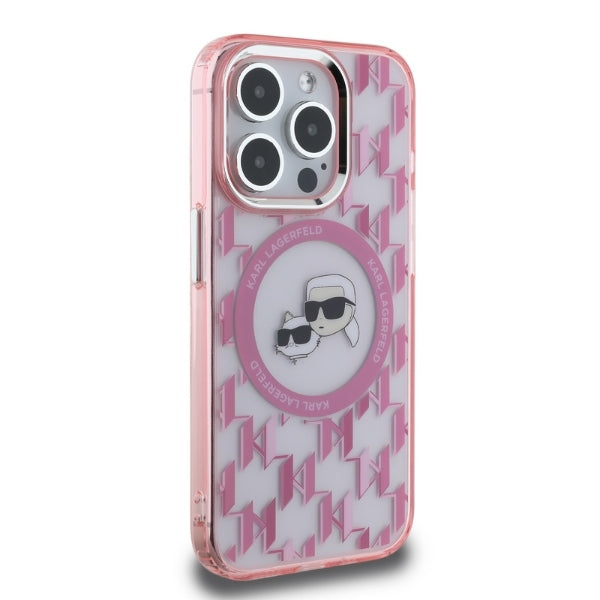 Husa MagSafe pentru Apple iPhone 15 Pro Max, Karl Lagerfeld, IML Monogram Karl & Choupette's Heads, Roz