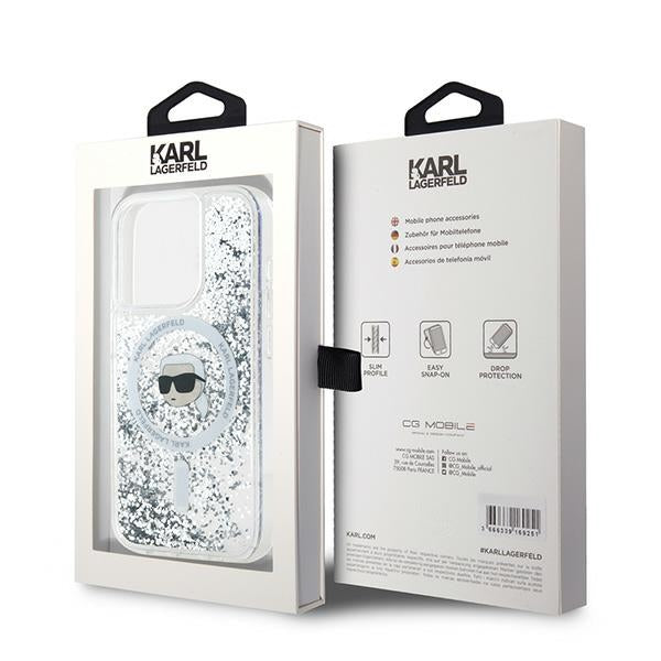 Husa MagSafe pentru Apple iPhone 15 Pro Max, Karl Lagerfeld, Liquid Glitter Karl's Head, Transparenta