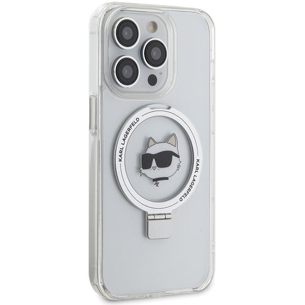 Husa MagSafe pentru Apple iPhone 15 Pro Max, Karl Lagerfeld, Ring Stand Choupette's Head, Alba