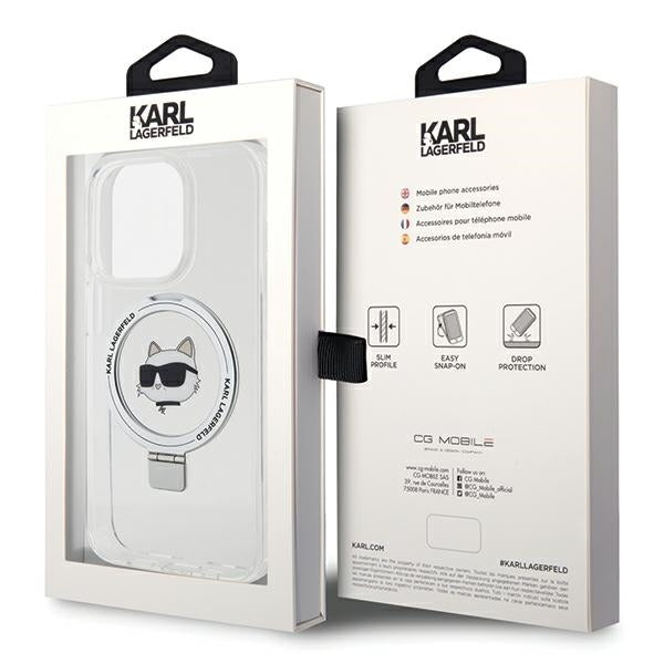 Husa MagSafe pentru Apple iPhone 15 Pro Max, Karl Lagerfeld, Ring Stand Choupette's Head, Alba
