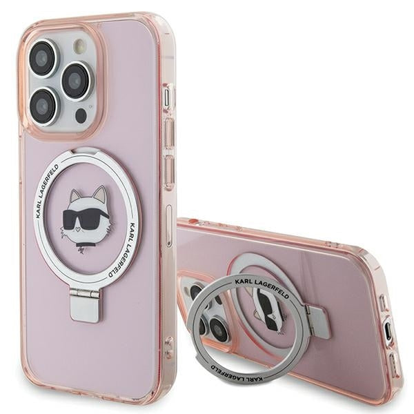 Husa MagSafe pentru Apple iPhone 15 Pro Max, Karl Lagerfeld, Ring Stand Choupette's Head, Roz
