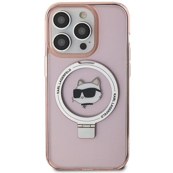 Husa MagSafe pentru Apple iPhone 15 Pro Max, Karl Lagerfeld, Ring Stand Choupette's Head, Roz