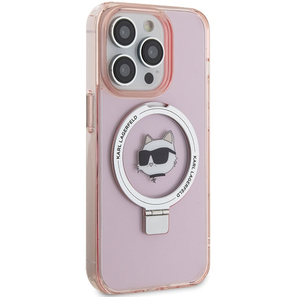 Husa MagSafe pentru Apple iPhone 15 Pro Max, Karl Lagerfeld, Ring Stand Choupette's Head, Roz