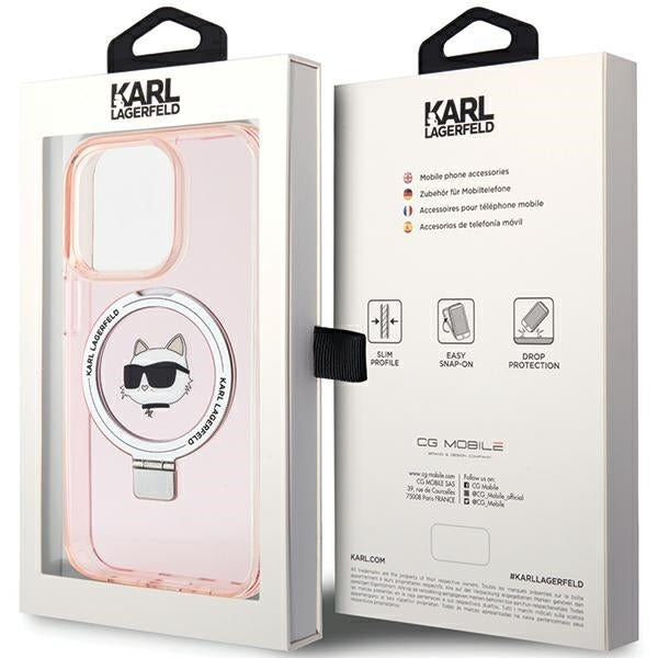 Husa MagSafe pentru Apple iPhone 15 Pro Max, Karl Lagerfeld, Ring Stand Choupette's Head, Roz