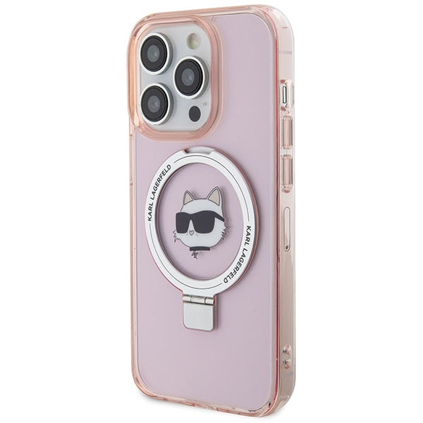 Husa MagSafe pentru Apple iPhone 15 Pro Max, Karl Lagerfeld, Ring Stand Choupette's Head, Roz