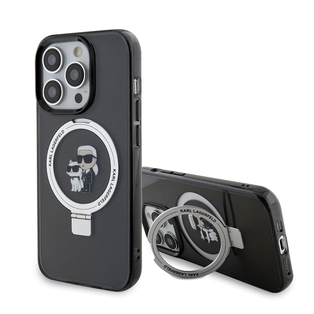 Husa MagSafe pentru Apple iPhone 15 Pro Max, Karl Lagerfeld, Ring Stand Karl & Choupette, Neagra