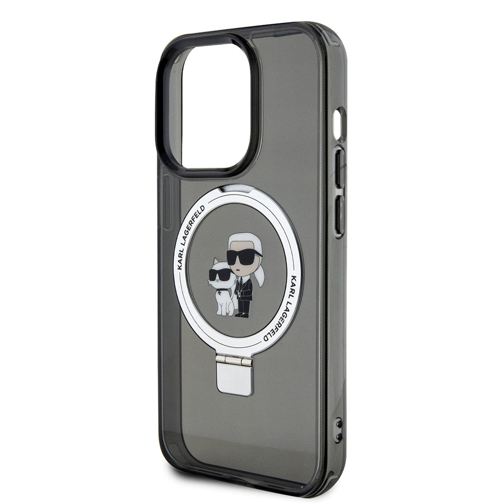 Husa MagSafe pentru Apple iPhone 15 Pro Max, Karl Lagerfeld, Ring Stand Karl & Choupette, Neagra