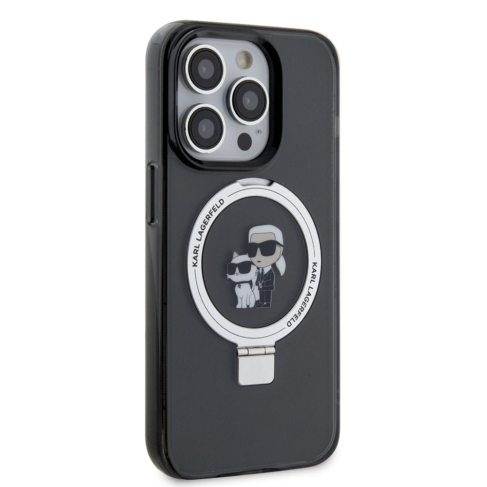 Husa MagSafe pentru Apple iPhone 15 Pro Max, Karl Lagerfeld, Ring Stand Karl & Choupette, Neagra