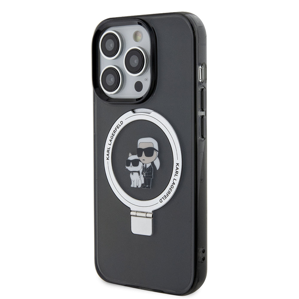 Husa MagSafe pentru Apple iPhone 15 Pro Max, Karl Lagerfeld, Ring Stand Karl & Choupette, Neagra