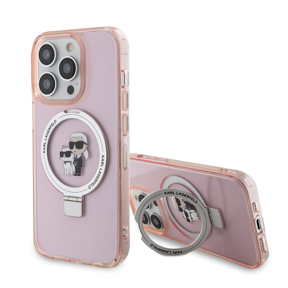 Husa MagSafe pentru Apple iPhone 15 Pro Max, Karl Lagerfeld, Ring Stand Karl & Choupette, Roz