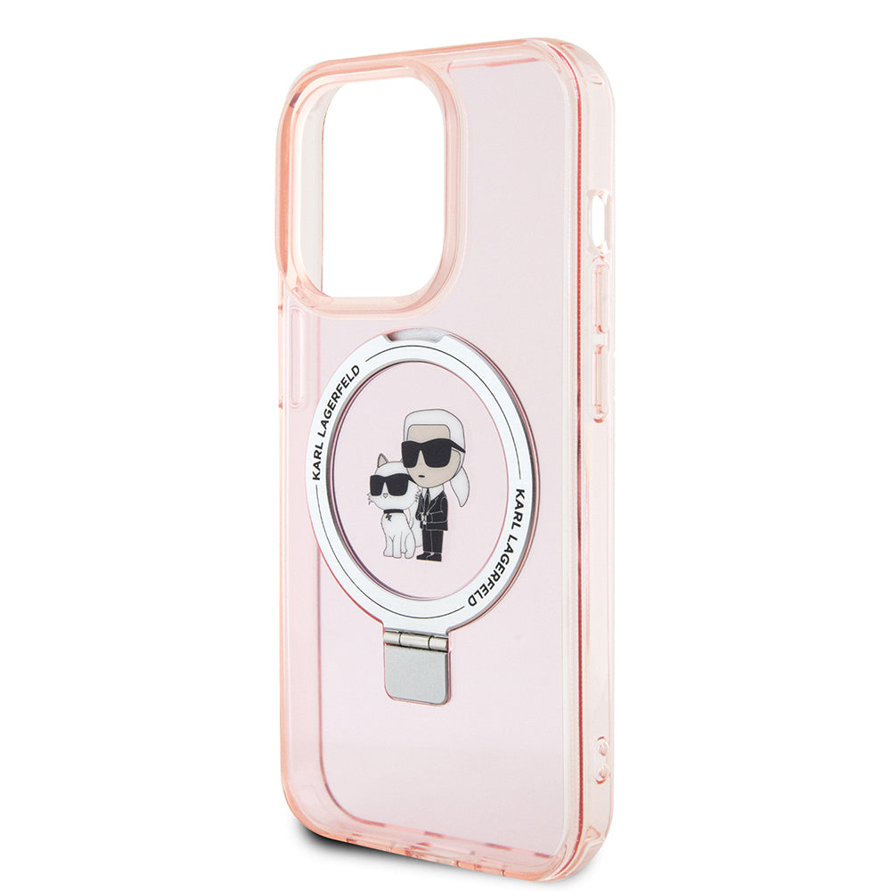 Husa MagSafe pentru Apple iPhone 15 Pro Max, Karl Lagerfeld, Ring Stand Karl & Choupette, Roz
