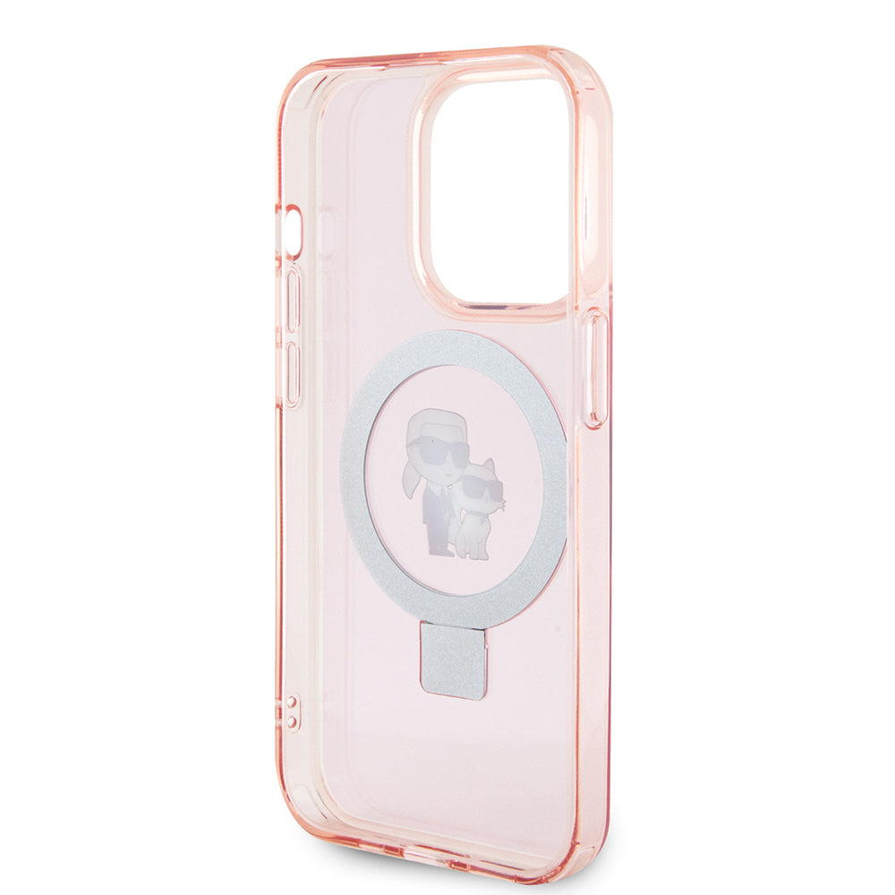 Husa MagSafe pentru Apple iPhone 15 Pro Max, Karl Lagerfeld, Ring Stand Karl & Choupette, Roz