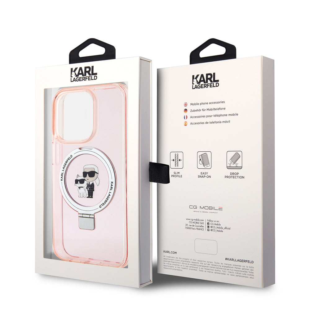 Husa MagSafe pentru Apple iPhone 15 Pro Max, Karl Lagerfeld, Ring Stand Karl & Choupette, Roz