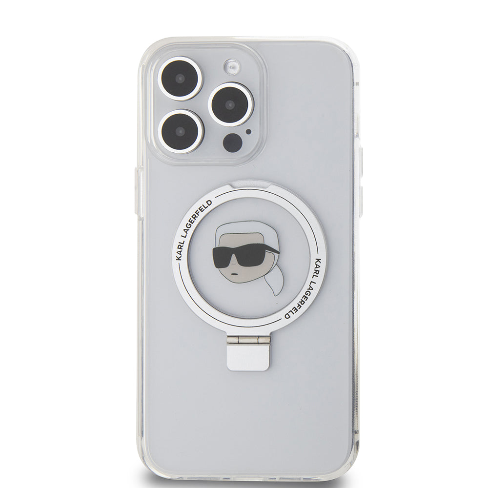 Husa MagSafe pentru Apple iPhone 15 Pro Max, Karl Lagerfeld, Ring Stand Karl's Head, Alba