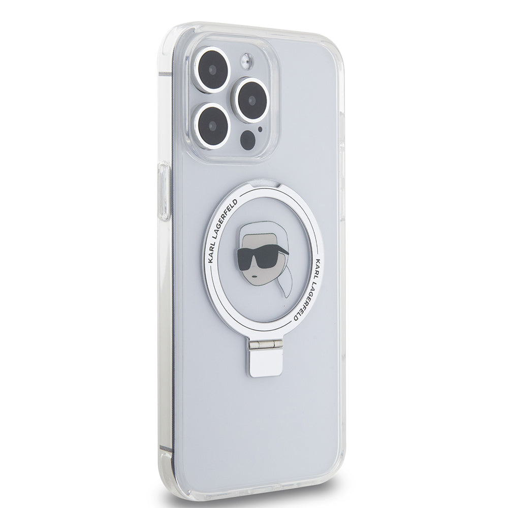 Husa MagSafe pentru Apple iPhone 15 Pro Max, Karl Lagerfeld, Ring Stand Karl's Head, Alba