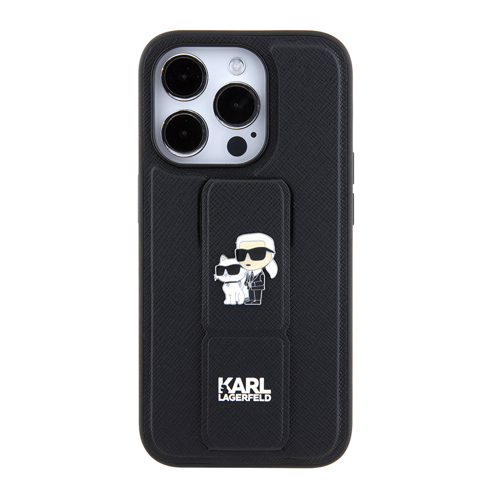 Husa MagSafe pentru Apple iPhone 15 Pro Max, Karl Lagerfeld, Saffiano Gripstand Karl & Choupette, Neagra