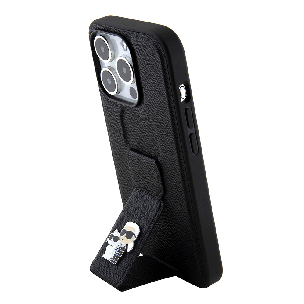 Husa MagSafe pentru Apple iPhone 15 Pro Max, Karl Lagerfeld, Saffiano Gripstand Karl & Choupette, Neagra