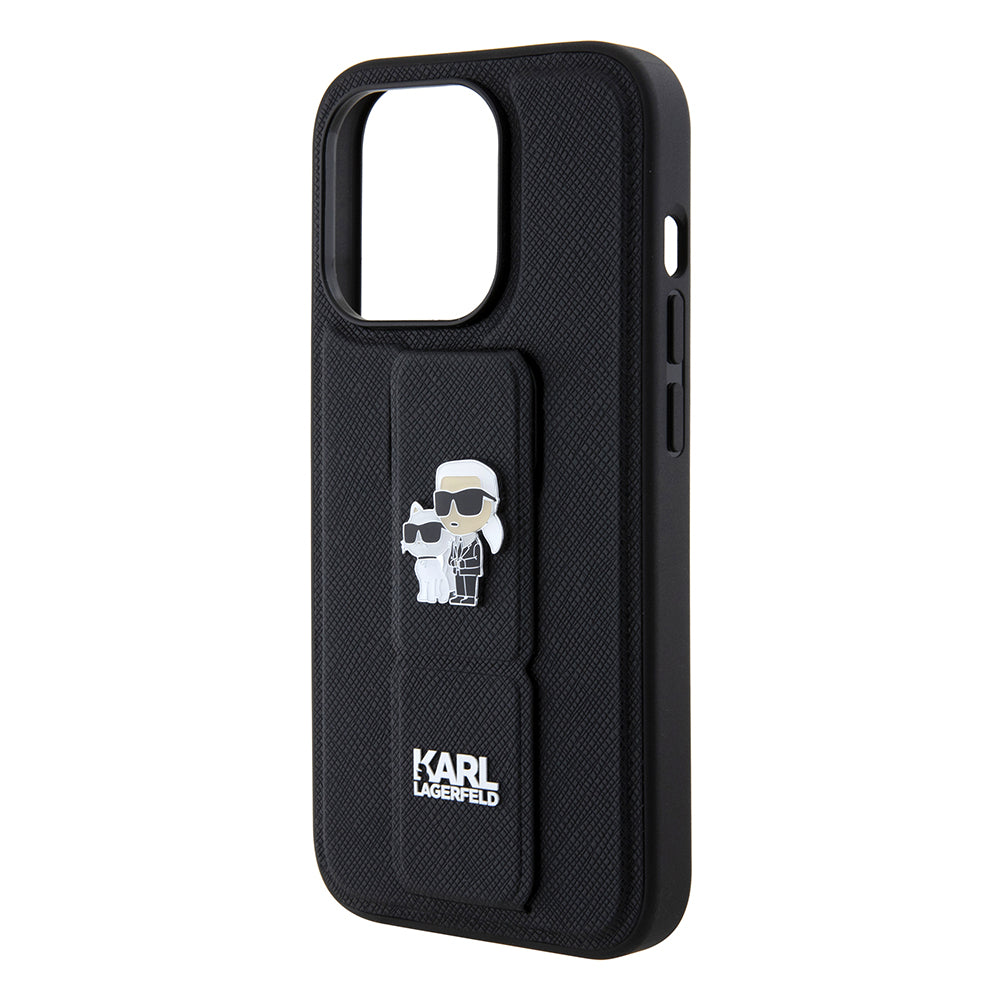 Husa MagSafe pentru Apple iPhone 15 Pro Max, Karl Lagerfeld, Saffiano Gripstand Karl & Choupette, Neagra