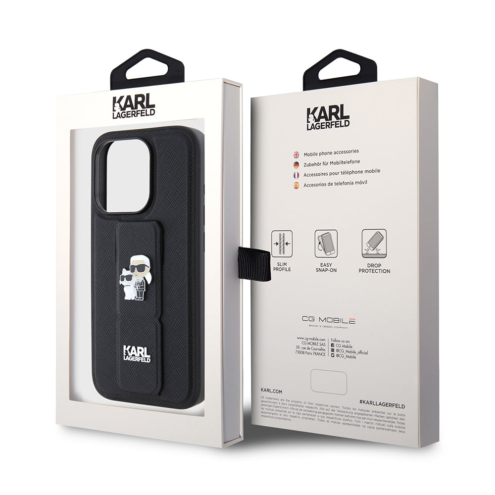 Husa MagSafe pentru Apple iPhone 15 Pro Max, Karl Lagerfeld, Saffiano Gripstand Karl & Choupette, Neagra
