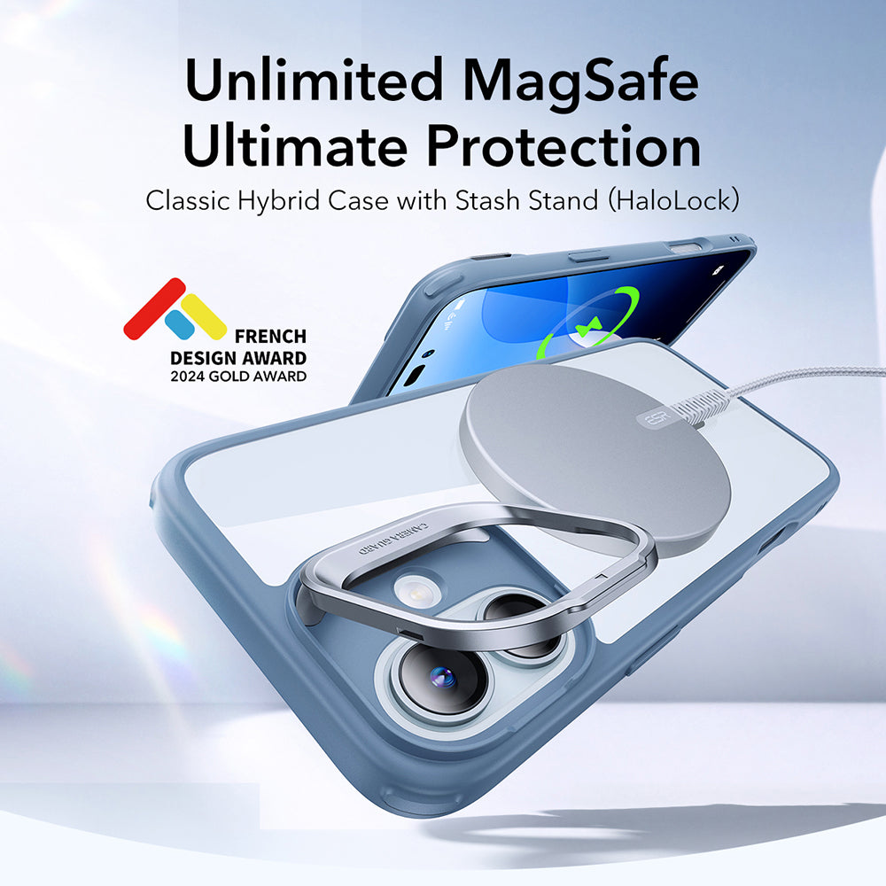 Husa MagSafe pentru Apple iPhone 16, ESR, Classic Hybrid Kickstand, Albastra Transparenta