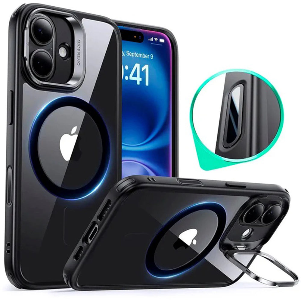 Husa MagSafe pentru Apple iPhone 16, ESR, Classic Hybrid Kickstand Slide, Neagra Transparenta