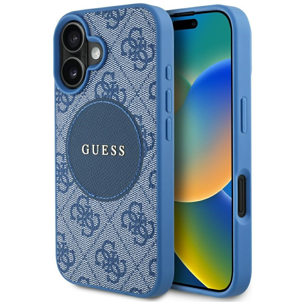 Husa MagSafe pentru Apple iPhone 16, Guess, 4G Circle Classic Logo, Albastra