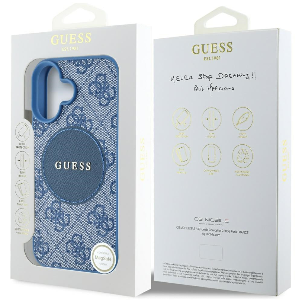 Husa MagSafe pentru Apple iPhone 16, Guess, 4G Circle Classic Logo, Albastra