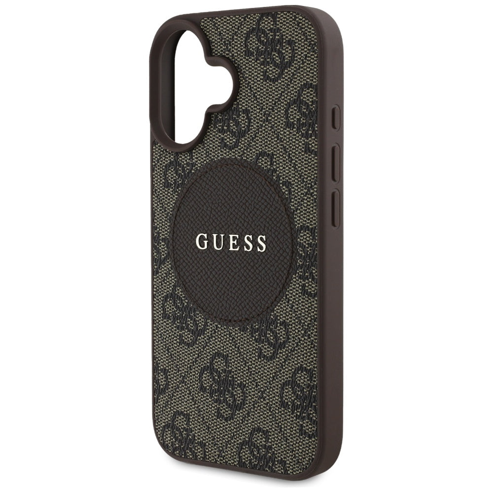 Husa MagSafe pentru Apple iPhone 16, Guess, 4G Circle Classic Logo, Maro