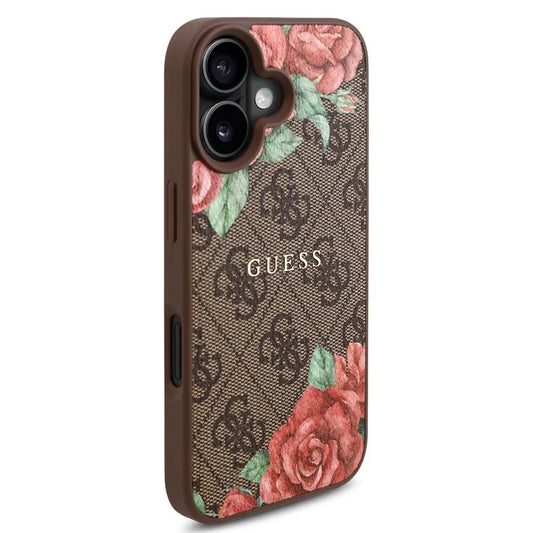 Husa MagSafe pentru Apple iPhone 16, Guess, 4G Flowers Print, Maro