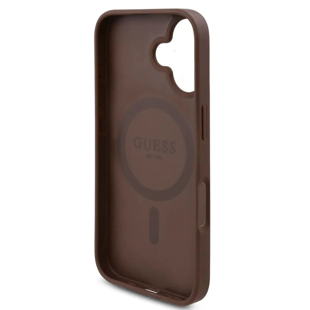 Husa MagSafe pentru Apple iPhone 16, Guess, 4G Flowers Print, Maro