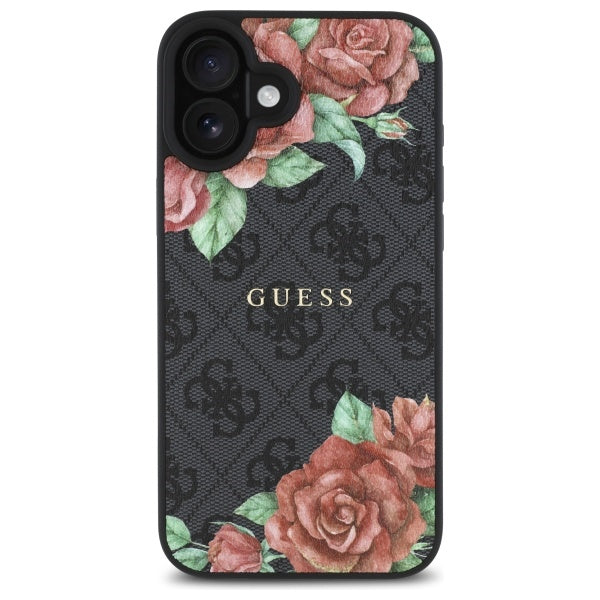 Husa MagSafe pentru Apple iPhone 16, Guess, 4G Flowers Print, Neagra