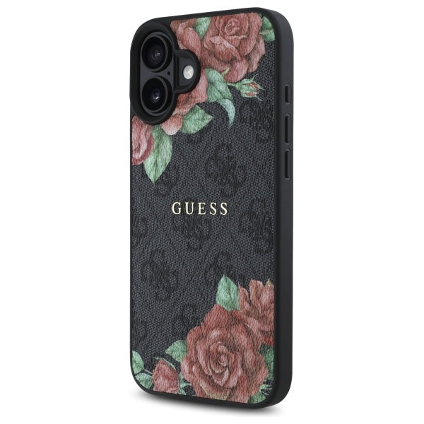 Husa MagSafe pentru Apple iPhone 16, Guess, 4G Flowers Print, Neagra