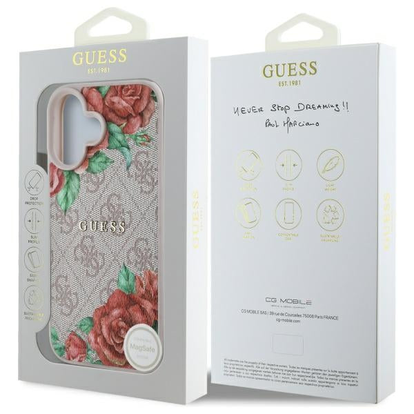 Husa MagSafe pentru Apple iPhone 16, Guess, 4G Flowers Print, Roz