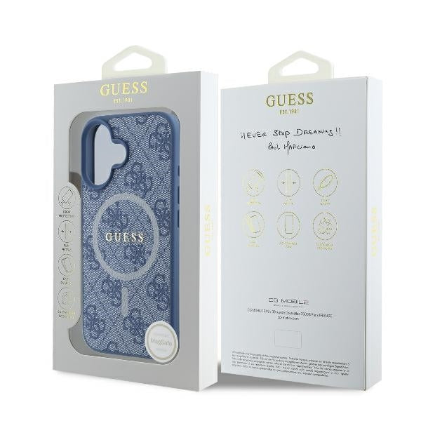 Husa MagSafe pentru Apple iPhone 16, Guess, 4G Ring Classic Logo, Albastra