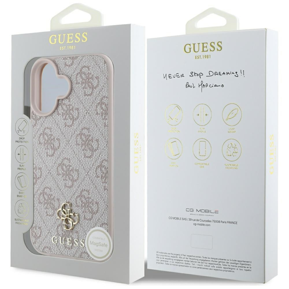 Husa MagSafe pentru Apple iPhone 16, Guess, 4G Small and Classic Logo, Roz