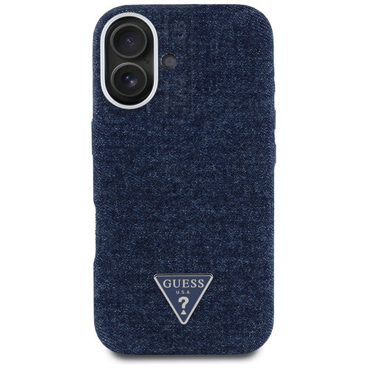 Husa MagSafe pentru Apple iPhone 16, Guess, Denim Triangle Logo, Albastra
