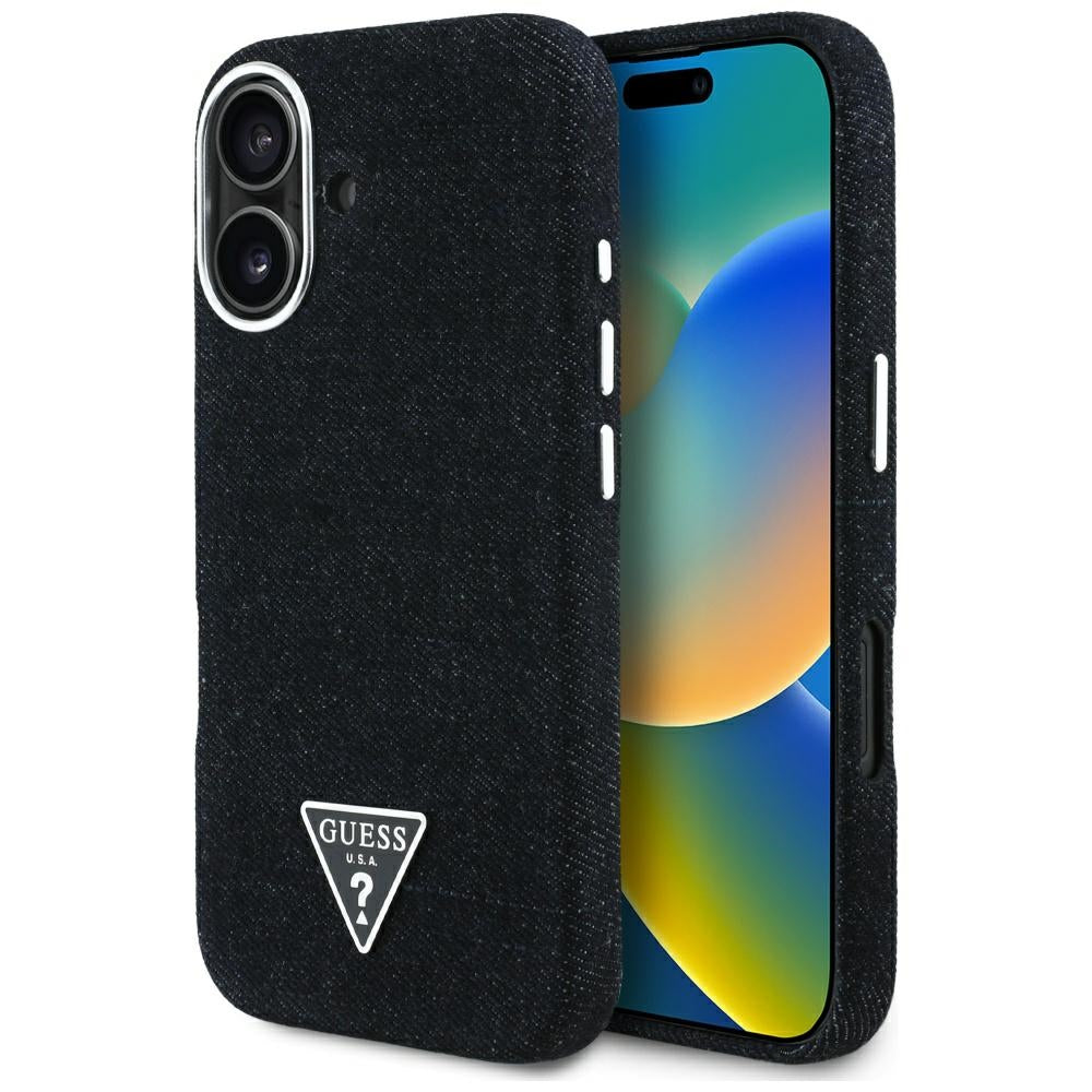 Husa MagSafe pentru Apple iPhone 16, Guess, Denim Triangle Logo, Neagra