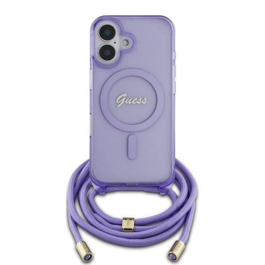 Husa MagSafe pentru Apple iPhone 16, Guess, IML Crossbody Cord Script, Mov