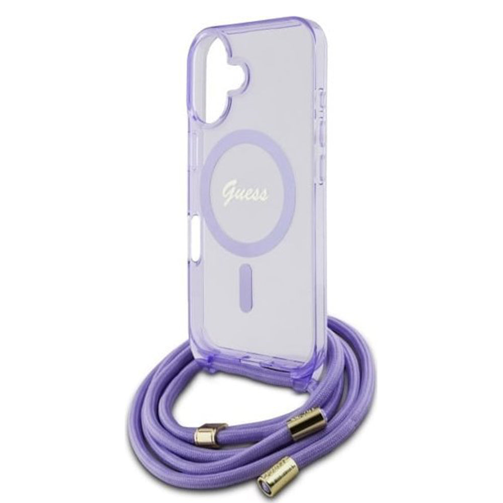 Husa MagSafe pentru Apple iPhone 16, Guess, IML Crossbody Cord Script, Mov