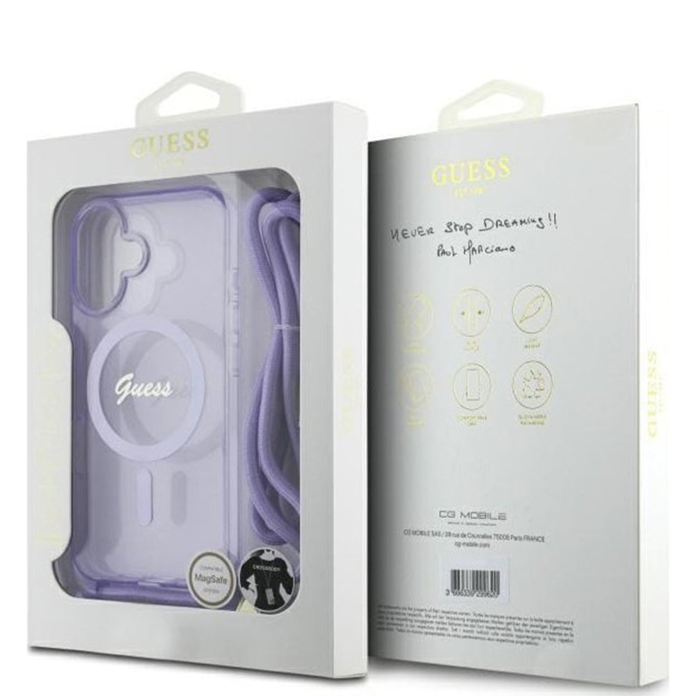 Husa MagSafe pentru Apple iPhone 16, Guess, IML Crossbody Cord Script, Roz