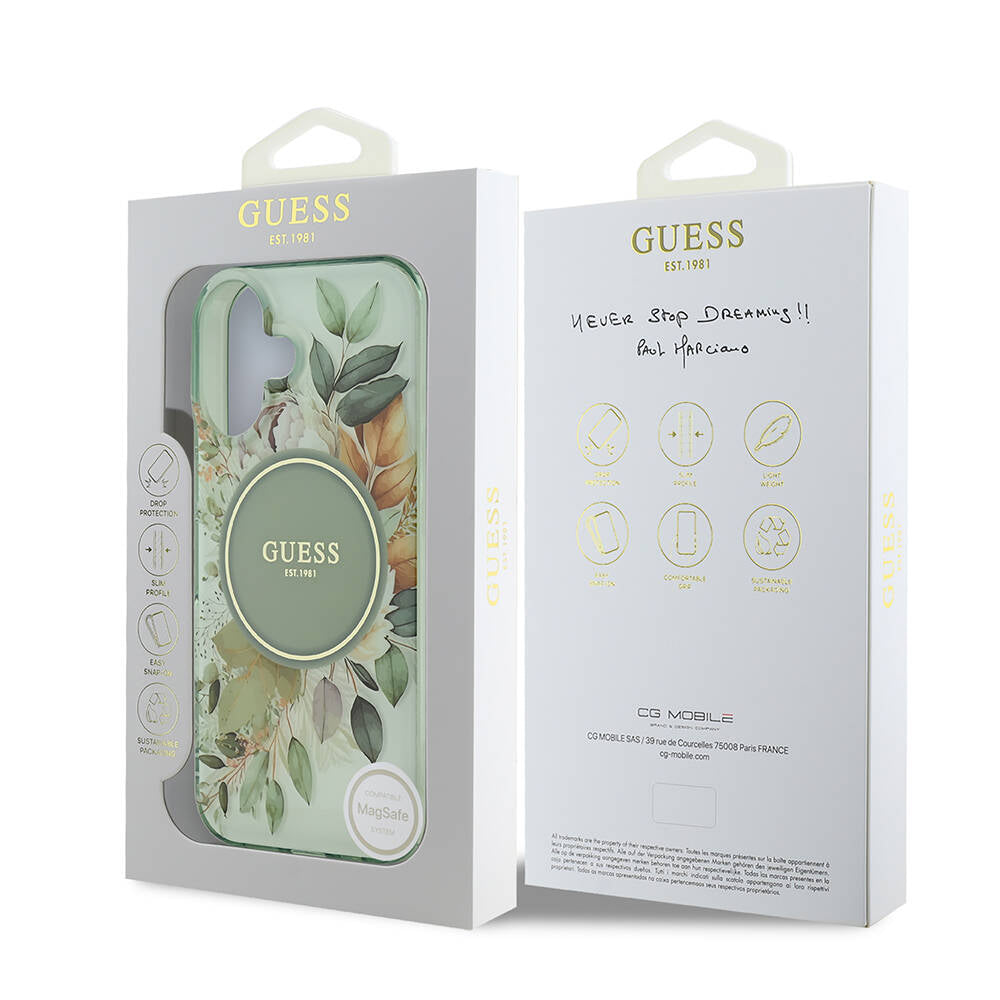 Husa MagSafe pentru Apple iPhone 16, Guess, IML Flower & Tonal Circle, Verde
