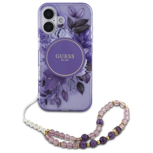 Husa MagSafe pentru Apple iPhone 16, Guess, IML Flowers with Pearl Strap, Mov