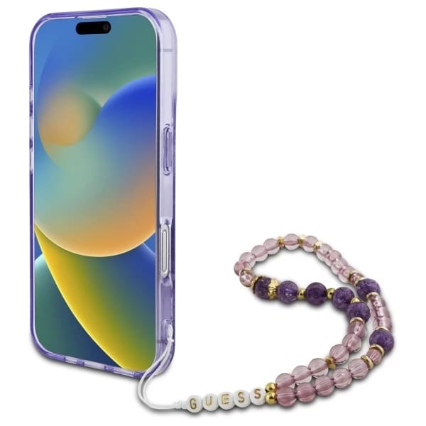 Husa MagSafe pentru Apple iPhone 16, Guess, IML Flowers with Pearl Strap, Mov