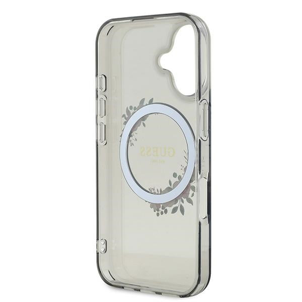 Husa MagSafe pentru Apple iPhone 16, Guess, IML Flowers Wreath, Neagra