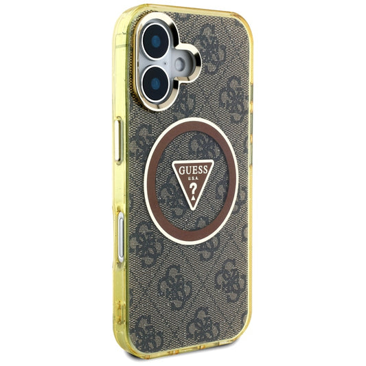 Husa MagSafe pentru Apple iPhone 16, Guess, IML Glitter 4G Circle Triangle, Maro
