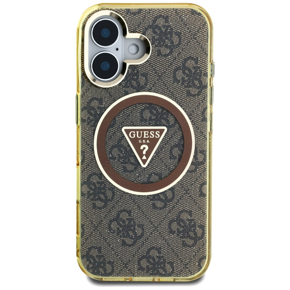Husa MagSafe pentru Apple iPhone 16, Guess, IML Glitter 4G Circle Triangle, Maro