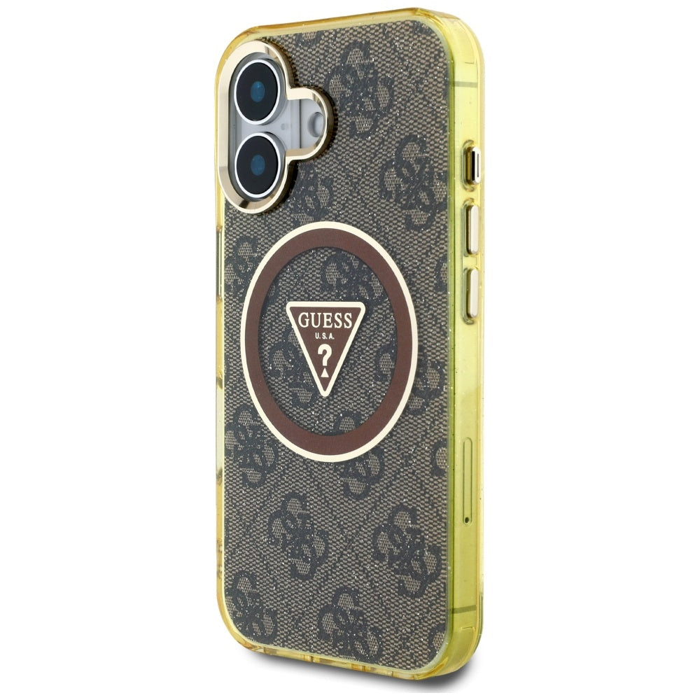 Husa MagSafe pentru Apple iPhone 16, Guess, IML Glitter 4G Circle Triangle, Maro