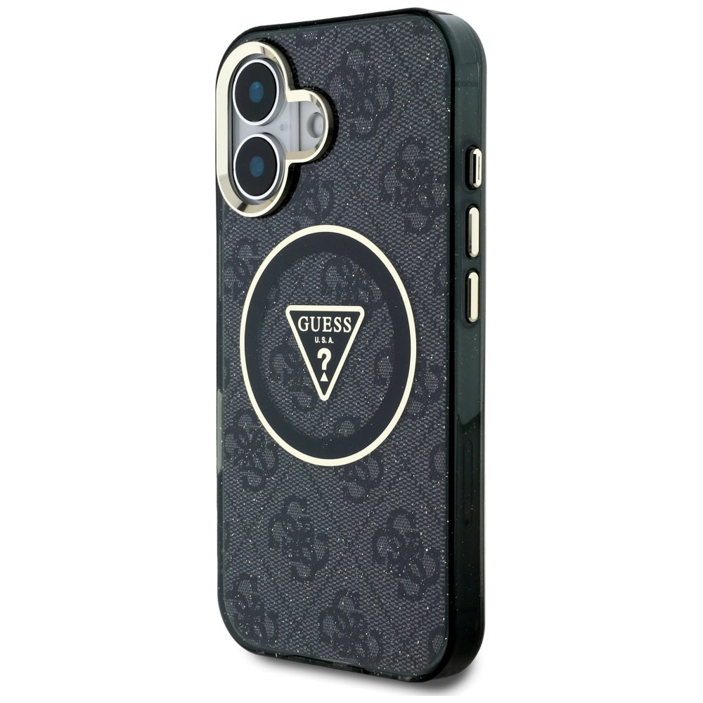 Husa MagSafe pentru Apple iPhone 16, Guess, IML Glitter 4G Circle Triangle, Neagra