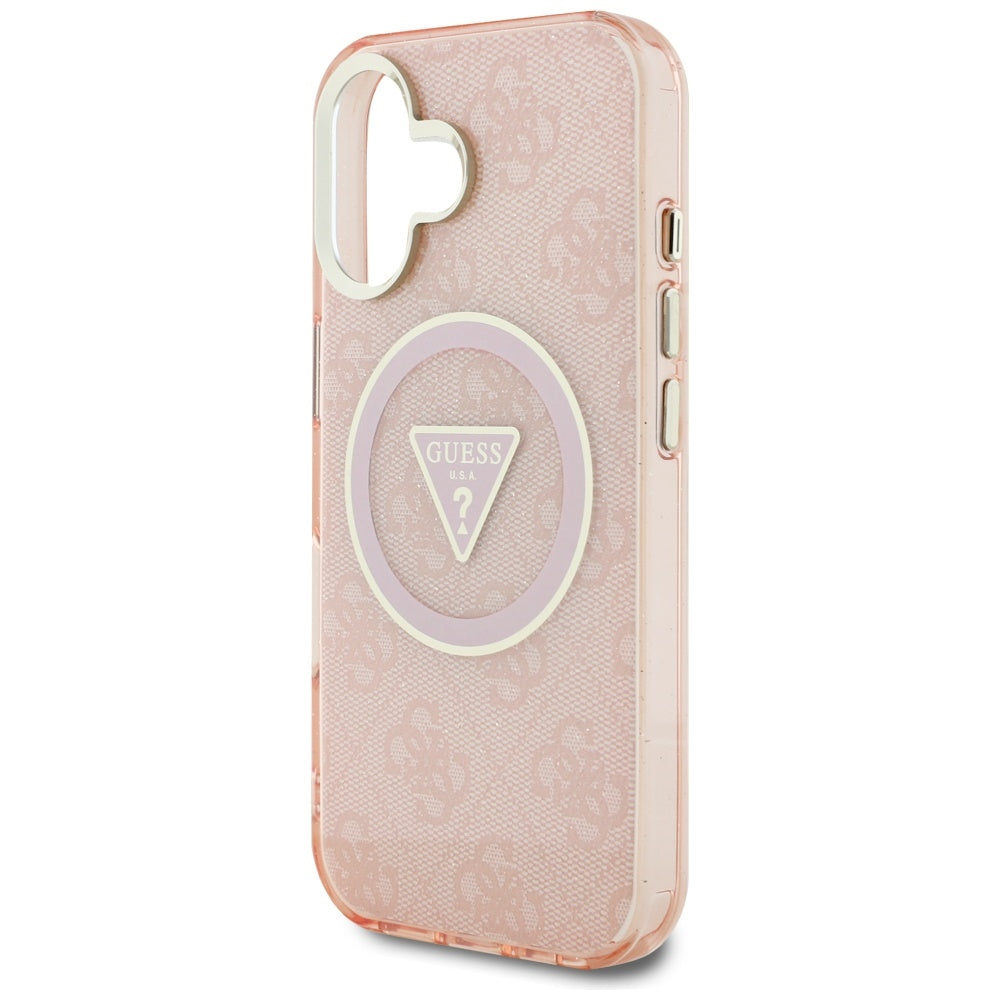 Husa MagSafe pentru Apple iPhone 16, Guess, IML Glitter 4G Circle Triangle, Roz