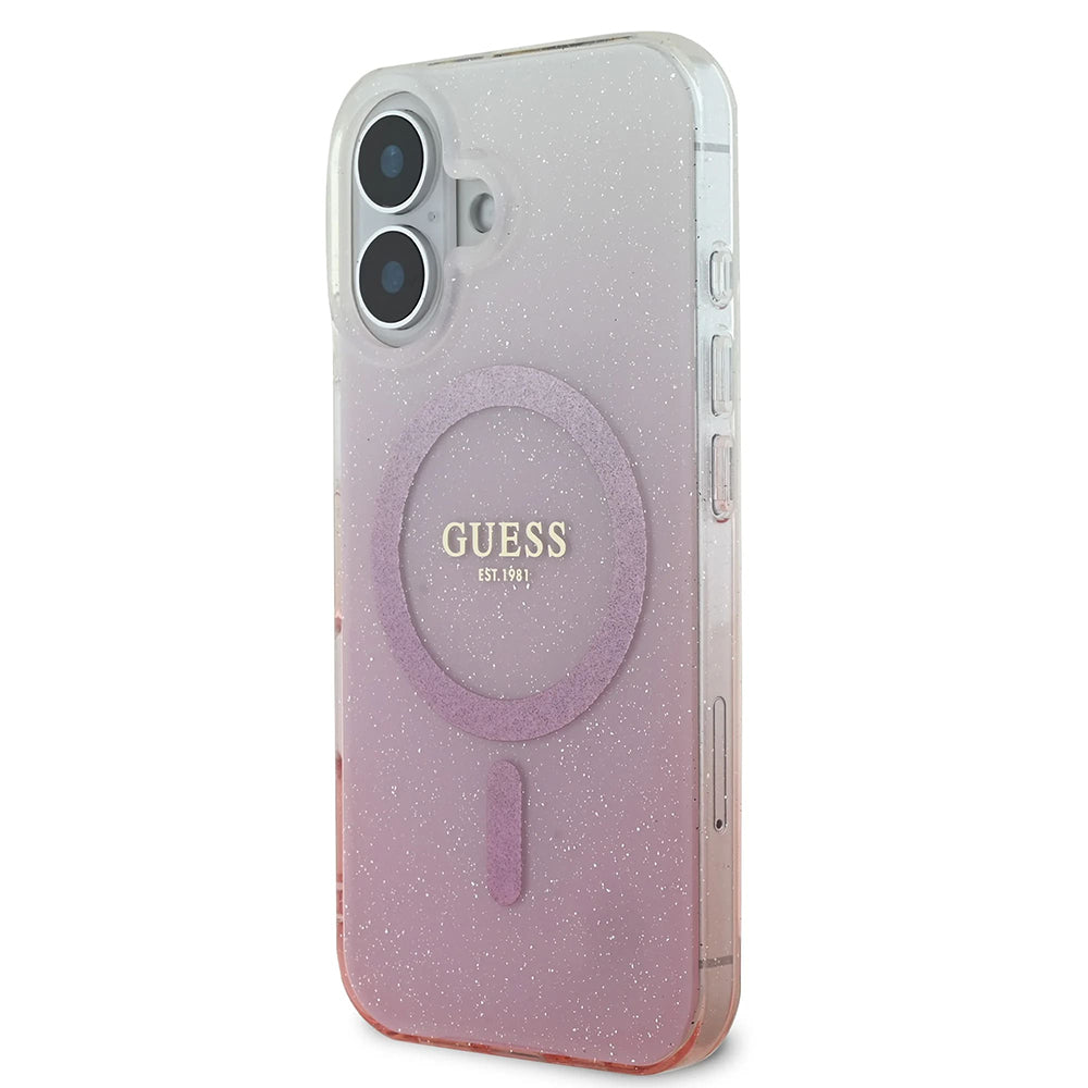 Husa MagSafe pentru Apple iPhone 16, Guess, IML Glitter Gradient, Roz